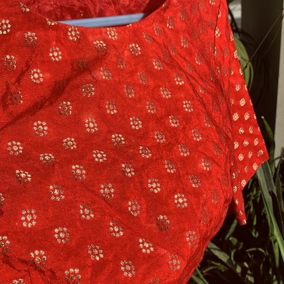 FIERY RED saree blouse with golden thread work. Full back. Zips on sides. - Picture 2 of 9